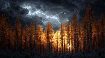 Dramatic lightning strikes illuminated forest scene nature landscape ethereal atmosphere nighttime viewpoint photo