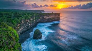Stunning sunset over coastal cliffs with lush greenery tropical beach landscape photography scenic view nature's beauty photo