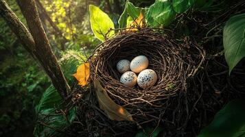 Overhead view of a bird's nest with eggs natural setting photography bright environment nature concept photo