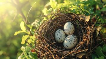 Nest with speckled eggs forest floor nature photography overhead view wildlife concept photo