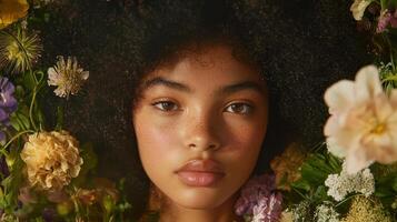 Portrait of a multiethnic young woman surrounded by flowers close-up natural light vibrant colors emotional expression photo