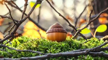 Closeup of a brown acorn on lush green moss in a natural forest setting photo