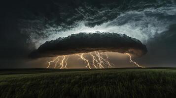 Dramatic lightning strikes illuminate stormy night sky over open landscape nature photography dynamic weather scene photo