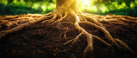 Intertwined roots of a tree in moist soil nature macro photography lush green environment ground level perspective photo