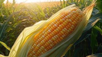 Harvesting golden corn cob in sunlit field close-up photography nature environment vibrant viewpoint photo
