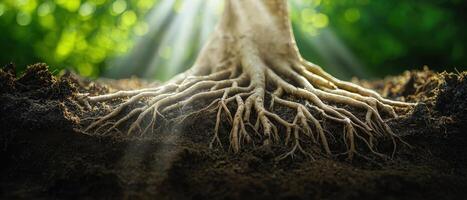 Intense macro shot of intertwined roots in moist soil nature close-up green environment natural light photo