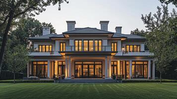 Elegant suburban mansion with tall windows luxury home residential area architectural design front view opulent lifestyle photo