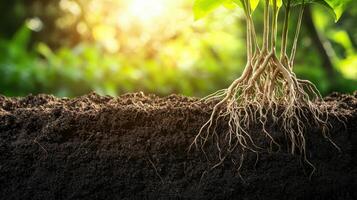 Plant roots emerging from soil nature macro photography green environment close-up view growth concept photo
