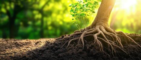Nature's resilience tree roots breaking through soil in a lush forest environment macro perspective photo