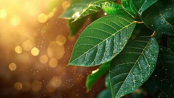 Glistening green leaves with dew drops nature close-up vibrant macro view sunlit environment botanical concept photo