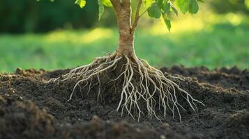Roots emerging from soil as a plant begins growth nature environment macro view photography photo