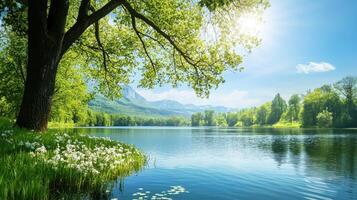 Tranquil lake scene with lush greenery nature landscape serene environment panoramic view for relaxation photo