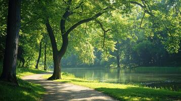Serene nature walk by tranquil lake capturing lush greenery peaceful environment morning light photo