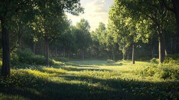 Serene nature landscape with lush trees and wildflowers tranquil forest photography daylight peaceful setting photo