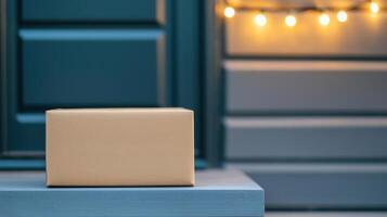 Closeup view of a plain cardboard box at the doorstep urban setting product photography dim lighting photo