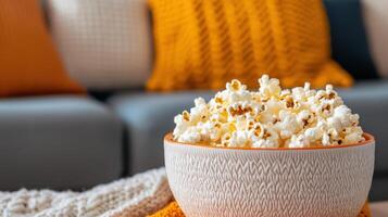 Family movie night setup in living room with popcorn cozy environment relaxed viewpoint fun concept photo