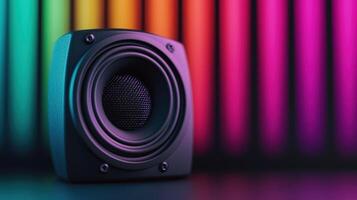 Dynamic sound waves emanating from a stylish speaker against a colorful backdrop artistic image vibrant environment photo