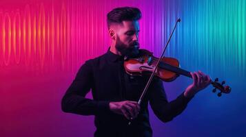 Passionate violin performance by a musician on stage colorful lights low resolution intimate concert scene photo
