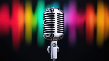 Vintage microphone surrounded by swirling colors studio setting digital art vibrant atmosphere close-up view creative concept photo