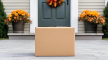 Delivery package on front porch residential area still life image autumn decor ground level view home comfort photo