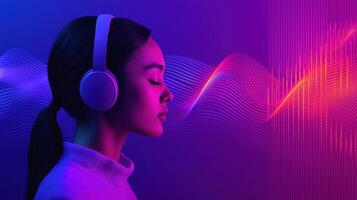 Young woman enjoying music studio setting digital art colorful background close-up perspective sound exploration photo