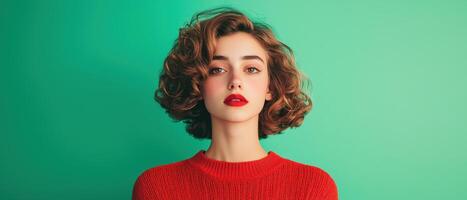 woman posing gracefully against clean green background portrait photography minimalistic environment photo