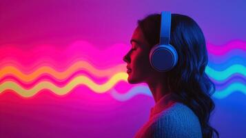 Young woman enjoying music through headphones studio setting lifestyle photography colorful lights profile view sound experience photo