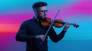 Musician performing violin passionately on stage vibrant background high-energy environment dramatic viewpoint photo
