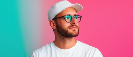 Casual portrait of a man in glasses and cap studio setting low-resolution clean background contemporary vibe photo