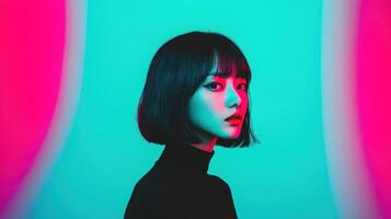 Modern japan woman portrait in clean background vibrant colors artistic style urban environment side view concept photo