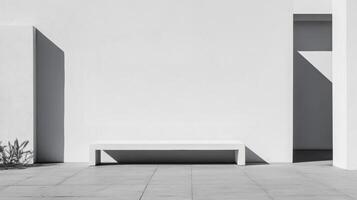 Minimalist architectural space with white walls and bench modern design indoor setting contemporary viewpoint photo