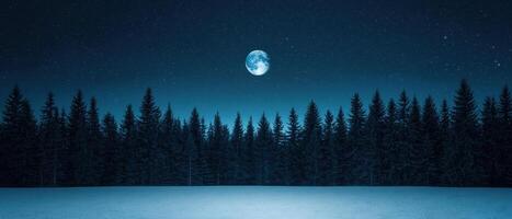 Luminous full moon over serene pine forest nature landscape nighttime tranquil atmospheric scene photo