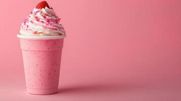 Delicious strawberry milkshake in plastic takeaway cup pink background food photography sweet treats close-up refreshing dessert photo