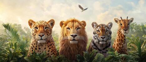 Majestic wildlife gathering savanna landscape digital art natural habitat wide angle animal conservation concept photo