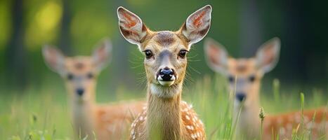 Deer family grazing in lush green forest nature photography peaceful wildlife close-up view animal behavior photo
