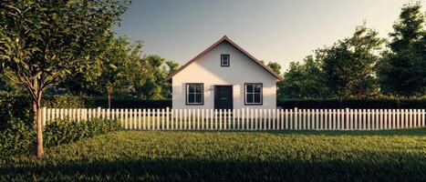 Charming house surrounded by lush greenery residential area photography bright atmosphere eye-level view cozy concept photo