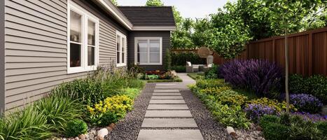 Home garden pathway design residential area landscape photography outdoor environment front view tranquil concept photo