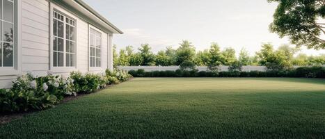 Lush lawn maintenance action residential backyard photography suburban home ground level landscape design inspiration photo