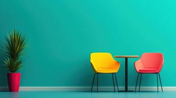 Modern seating arrangement in vibrant room interior design colorful chairs minimalist environment wide angle view for inspiration photo