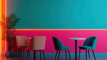 Vibrant urban photography of modern interior design colorful walls and chairs wide-angle viewpoint in lively atmosphere photo