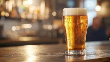 Enjoying a cold beer local pub beverage photography warm atmosphere close-up refreshment experience photo