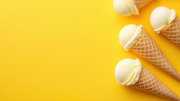 Enjoying delicious vanilla ice cream cones on bright yellow background food photography playful mood photo
