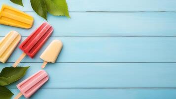 Refreshing summer treats colorful ice pops on blue wooden background food photography bright and cheerful atmosphere photo