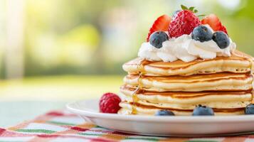 Delicious pancake stacking event outdoor setting food photography bright environment close-up view culinary delight photo