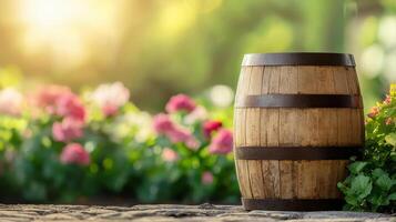 Exploring a rustic wooden barrel surrounded by colorful flowers in a sunny garden setting photo