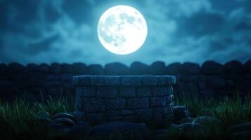 Mysterious well under a full moon enchanted landscape night scene tranquil atmosphere dreamy viewpoint photo