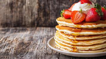 Stacked pancakes with fresh strawberries and whipped cream rustic wooden table food photography cozy kitchen close-up view photo