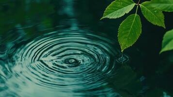 Water droplet splashes on still surface forest pond nature photography tranquil environment close-up view serenity concept photo