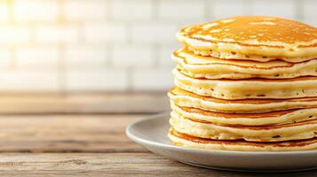 Delicious stack of fluffy pancakes kitchen table food photography warm lighting close-up breakfast delight photo