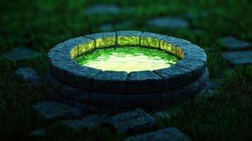Enchanting green well with luminescent water mystic forest digital art tranquil setting close-up perspective photo